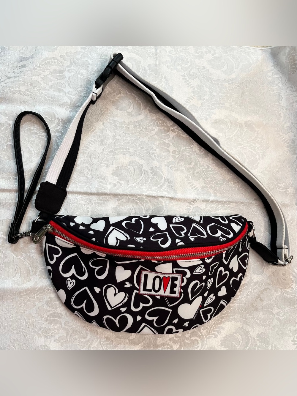 Brighton Black & White Heart Print Crossbody Bag with Red Trim